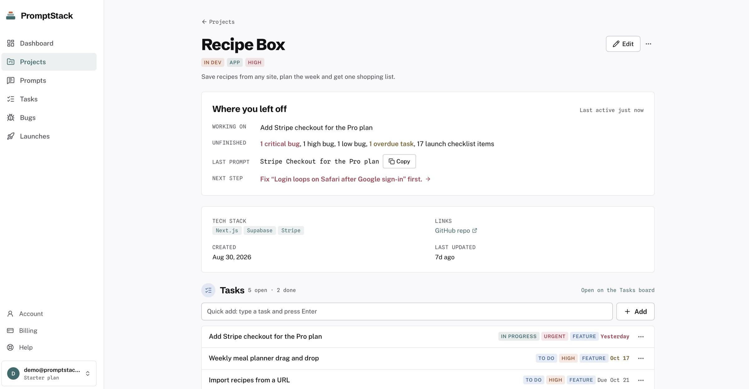 A project page opening with a Where you left off note above its details and tasks.