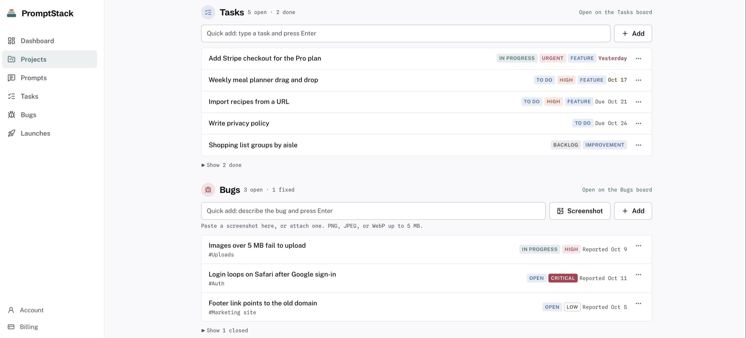 A project's tasks with status, priority and due dates, and its bugs with severity chips including one critical.